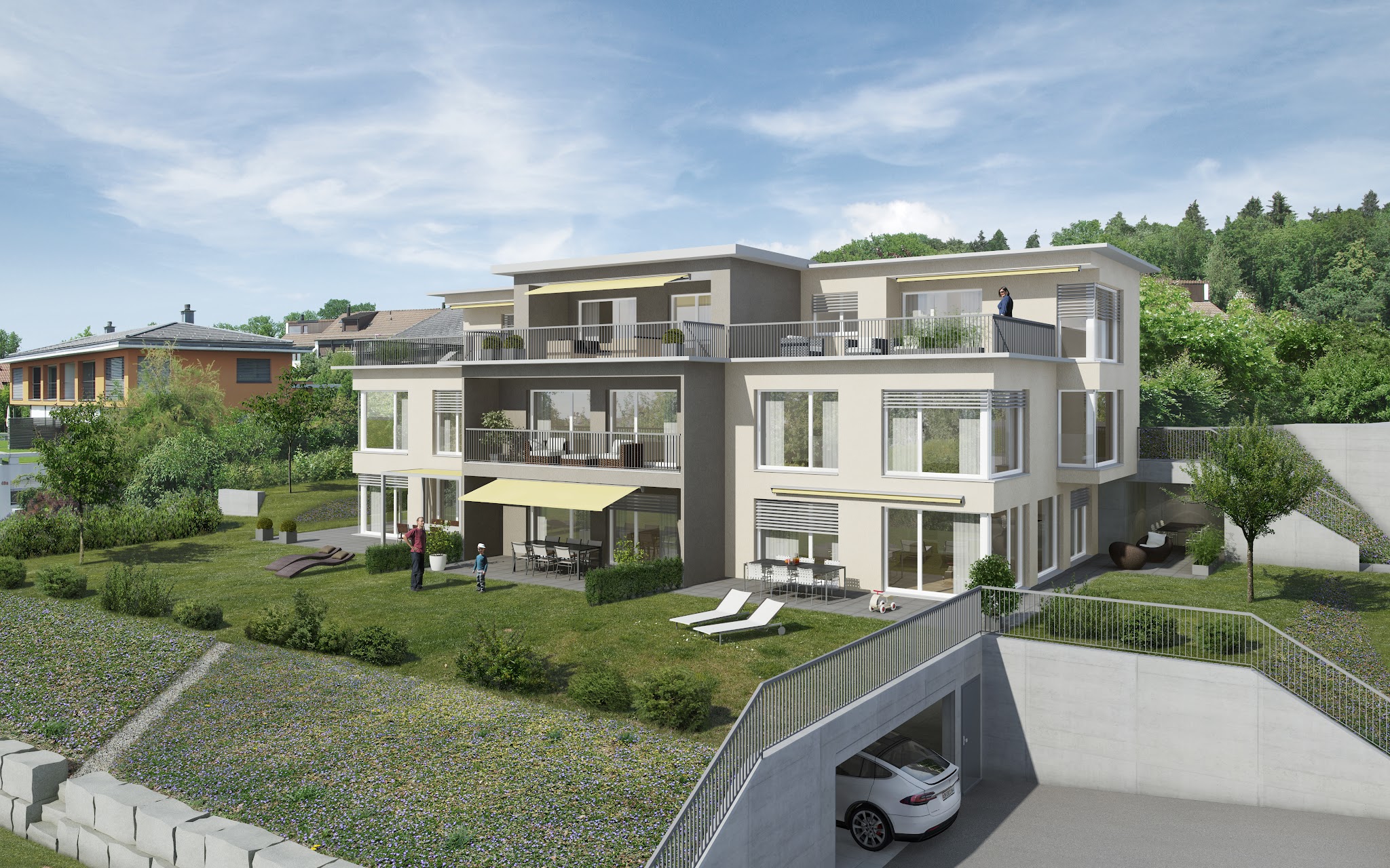 Visualisierung eines Mehrfamilienhauses am Hang mit Einstellhalle